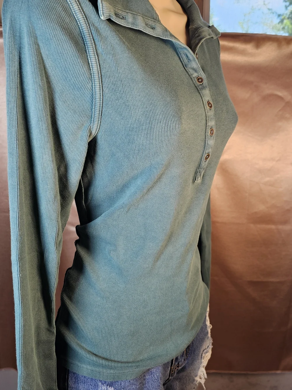 Free People We The Free Ribbed Henley Top Size Large Green Mineral Wash NWT